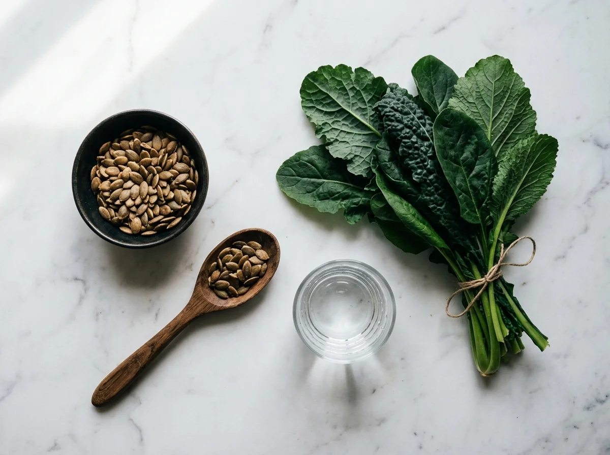 Naturliga ingredienser - pumpafrön och bladgrönsaker rika på zink och magnesium